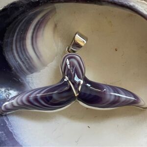 P1002 Whale Tail pendant in Wampum Quahog and Sterling Silver large 2” x 3/4”